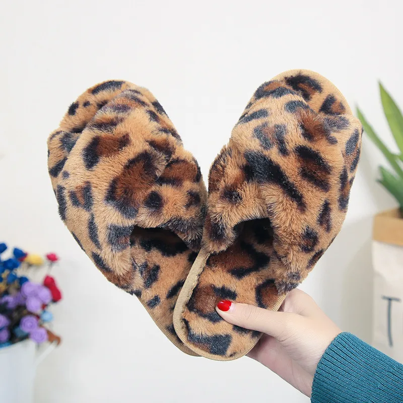 Cross-strap Fuzzy Slippers Leopard Plush House Shoes Flat Bedroom Slippers Slippers For Women - Leopard