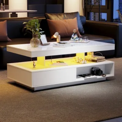 Led Coffee Table With 2 Drawer Storage, High Gloss Coffee Table For Living Room Open Storage Space Centre Table With 16-Color Led Lights,End Table For Home Office Furniture, White