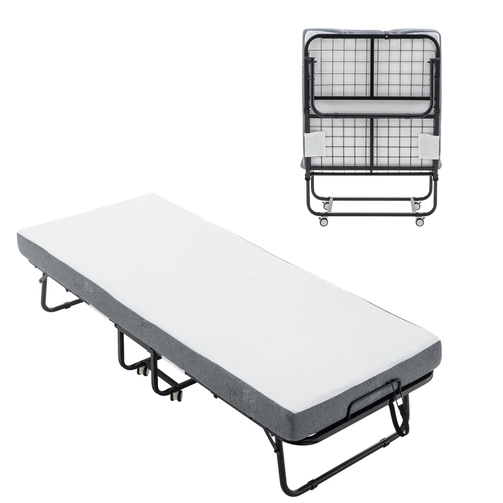 Folding Bed Cot With Mattress For Adults,  Foldable Metal Frame Bed For Guest With Memory Foam Mattress On Wheels, Saving Space Rollaway Bed