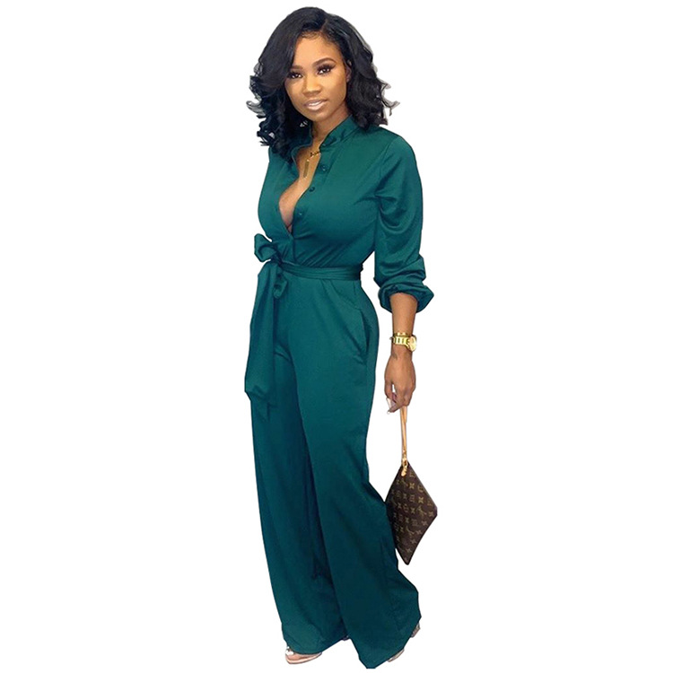 Waist Long Sleeve Fashion Casual Wide leg Jumpsuit Green - Shop at LoveMi