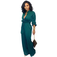 Waist Long Sleeve Fashion Casual Wide-leg Jumpsuit - Green - View 1