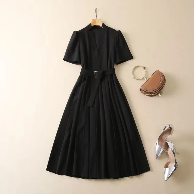 Slim Mid Length Compression Pleated Dress With Waist Closure Black - Shop at LoveMi