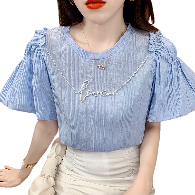 Title 4, Top Puff Sleeve Solid Color Short-sleeved Shirt