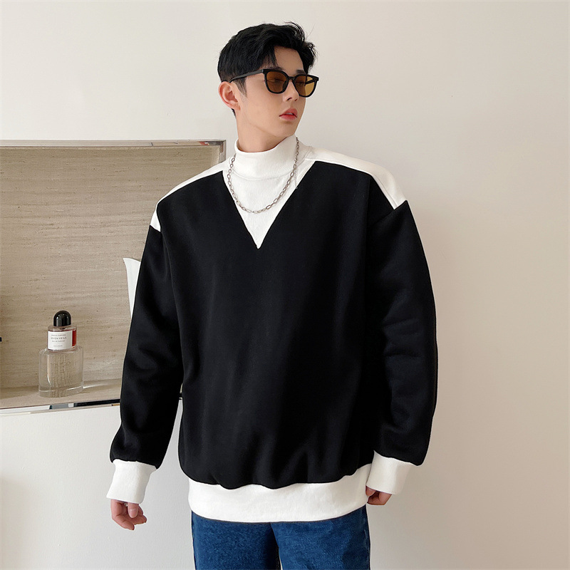 Men's Fashion Black And White Collision Stand Collar Thickened And Padded Sweatshirt