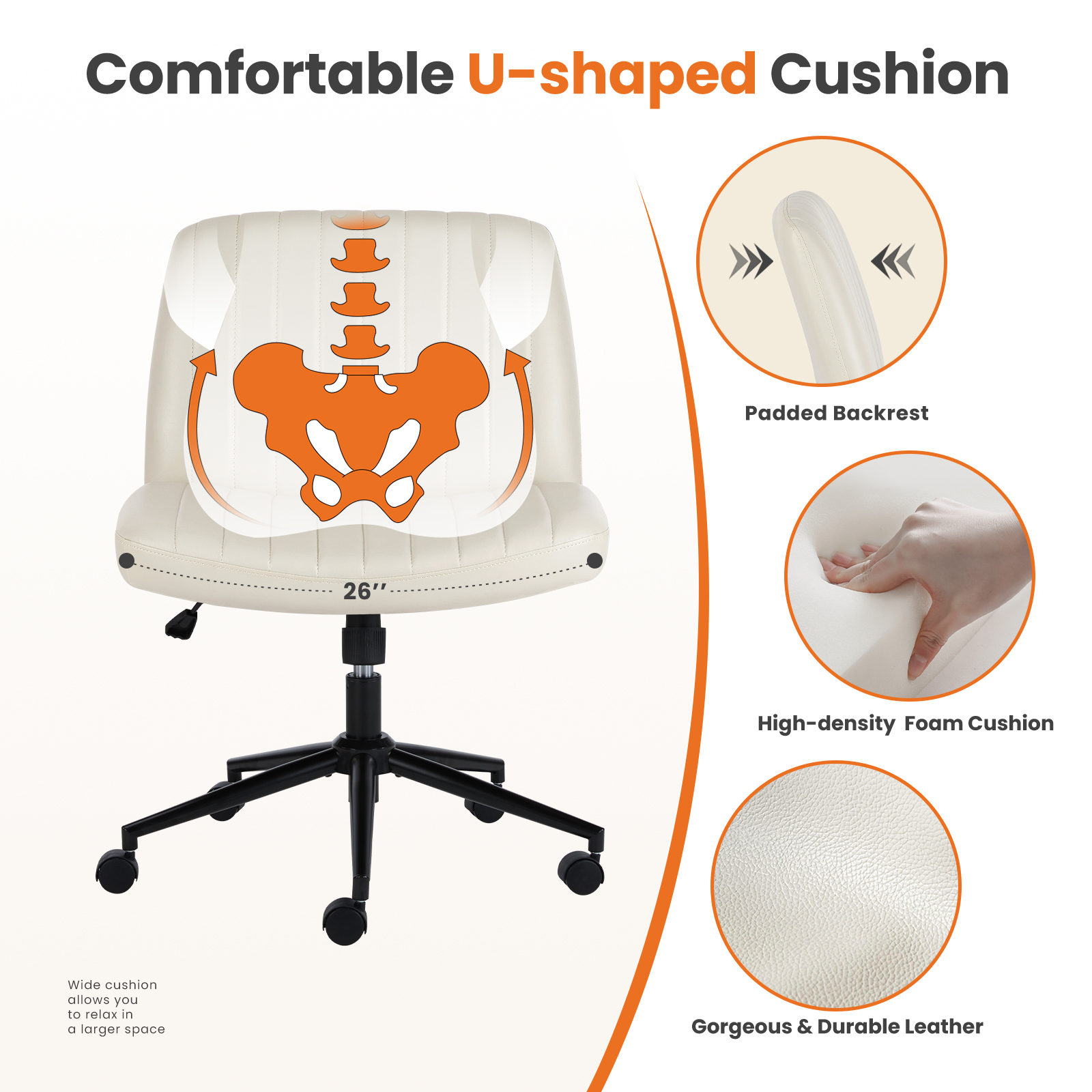 Office Desk Vanity Chair Cross Legged Armless Swivel Fabric Height Adjustable Wide Seat With Replaceable Wheels-Fixed Base, Comfy Task Chair Padded image 6