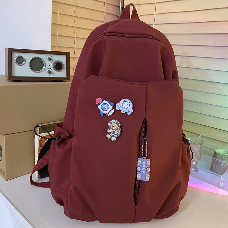New Girls' Simple Solid Colour Backpack - Red