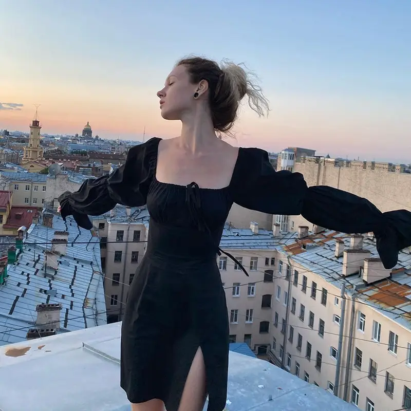 Women's Flared Sleeve Sexy Square Neck Slim Slit Dress