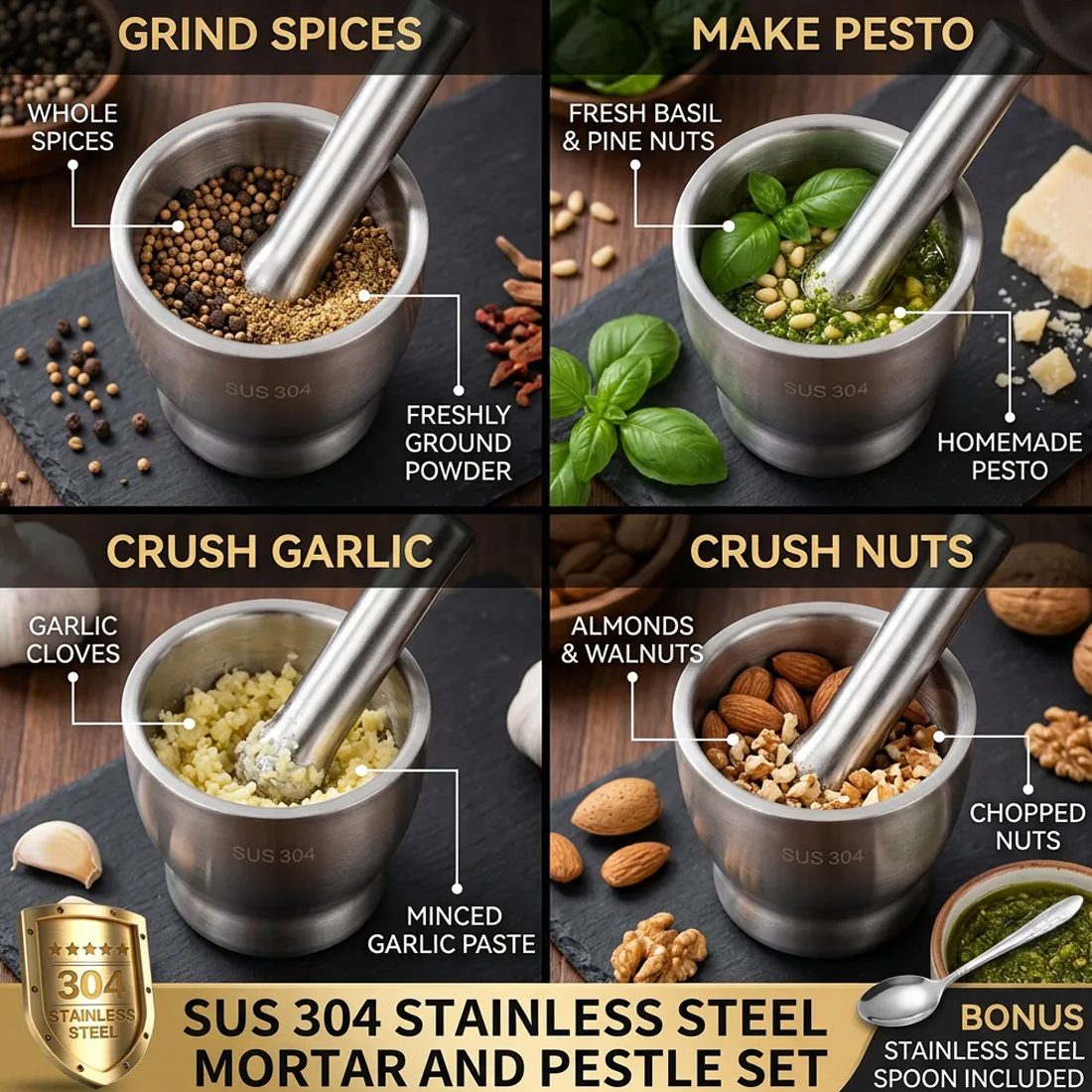 Steel Garlic Mortar And Pestle-Manual Crusher & Grinder For Herbs & Spices — image 2