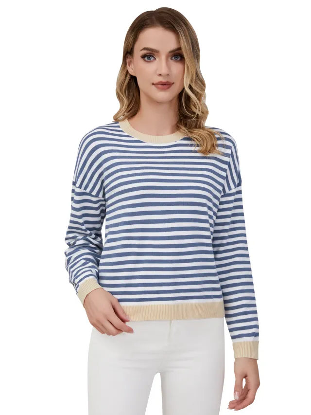 Women's Striped Round Neck Long Sleeved Top Blue - Shop at LoveMi