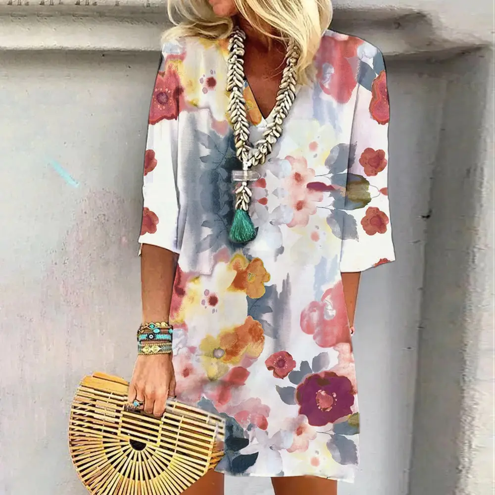 Floral Print V-Neck Mini Dress with Pockets and Half Sleeves