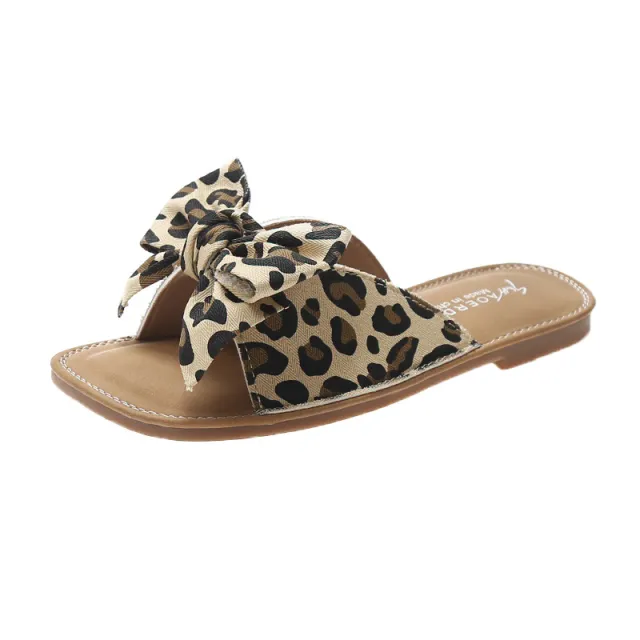Outer Wear Women's Soft Bottom One Word Bow Slippers Leopard - Shop at LoveMi