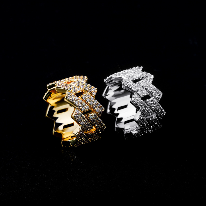 hip hop sõrmus 14mm romb kubaan sõrmus, kullatud, topeltrida tsirkoon