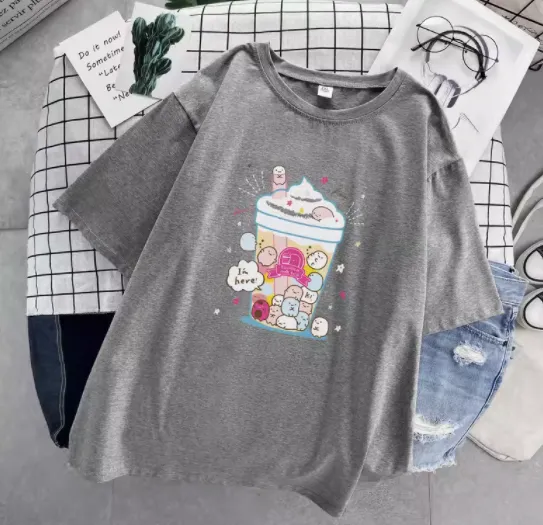 Loose Korean Style Cotton Short Sleeved T Shirt Grey - Shop at LoveMi