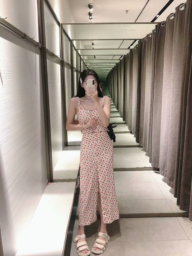 Women's European And American Style Floral Print Linen Top And Skirt