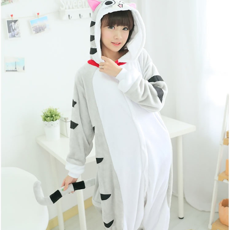 بيجامة قطنية بنقشة قطة كرتونية لطيفة بتصميم قطعة واحدة