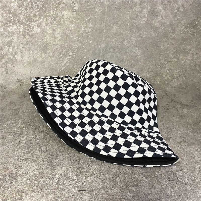 Summer Plaid Double-sided Fisherman Hat Female Street Black And White Foldable Sunhat