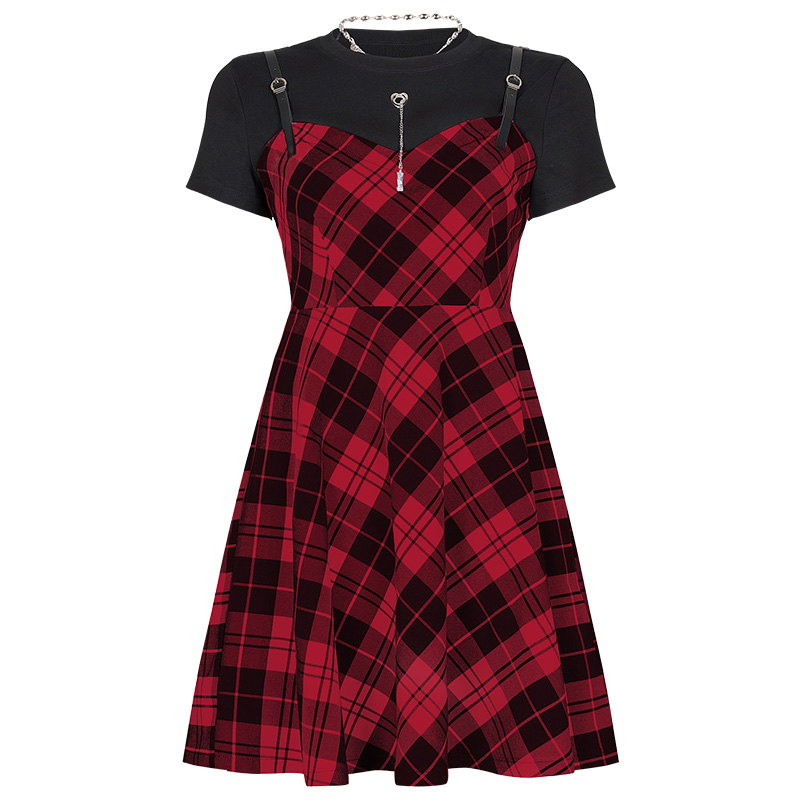 Dark Black Series Thin And Sweet Fake Two Plaid Skirt