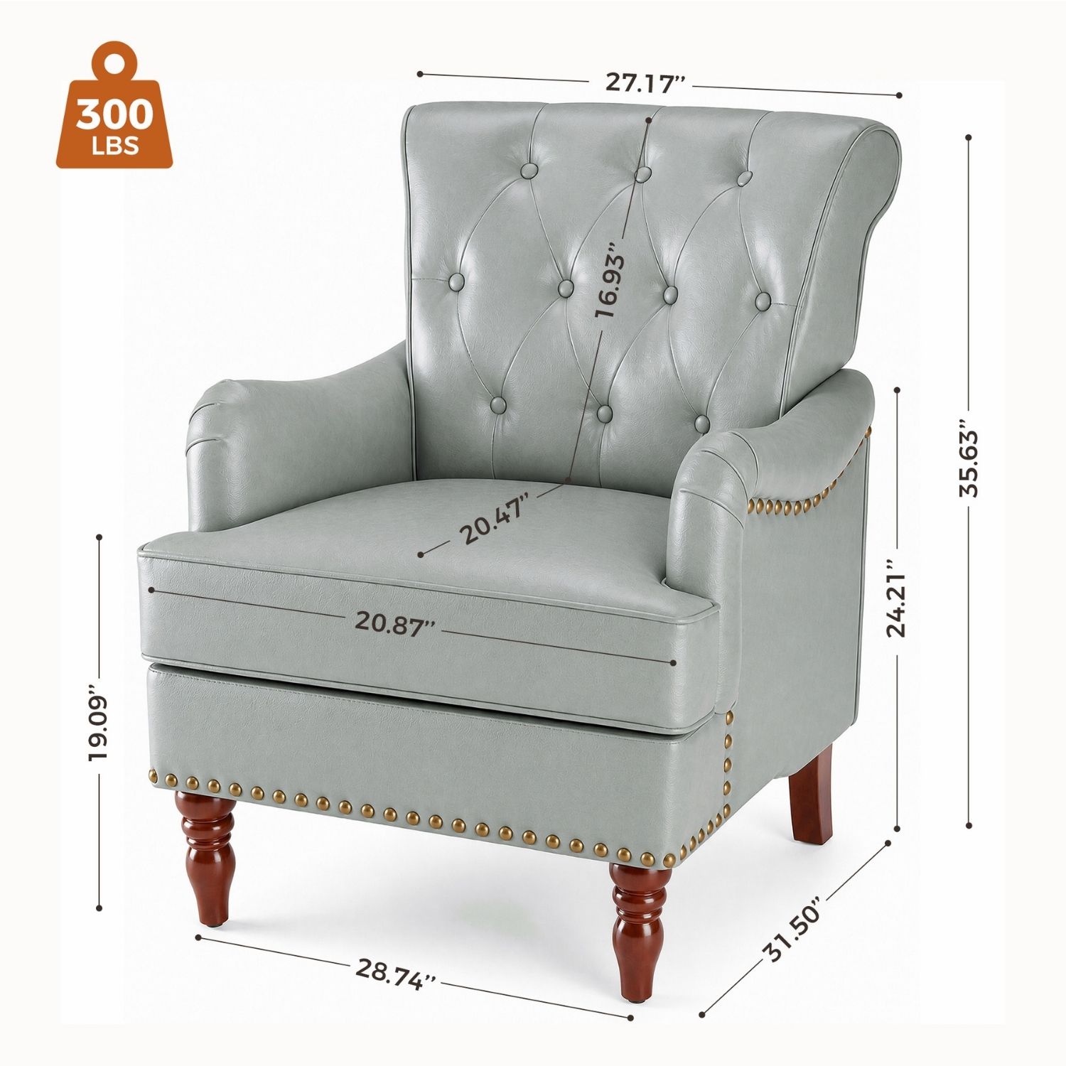 Nailhead Trim Faux Leather Accent Chair, Tufted Armchair For Bedroom And Study — foto 8