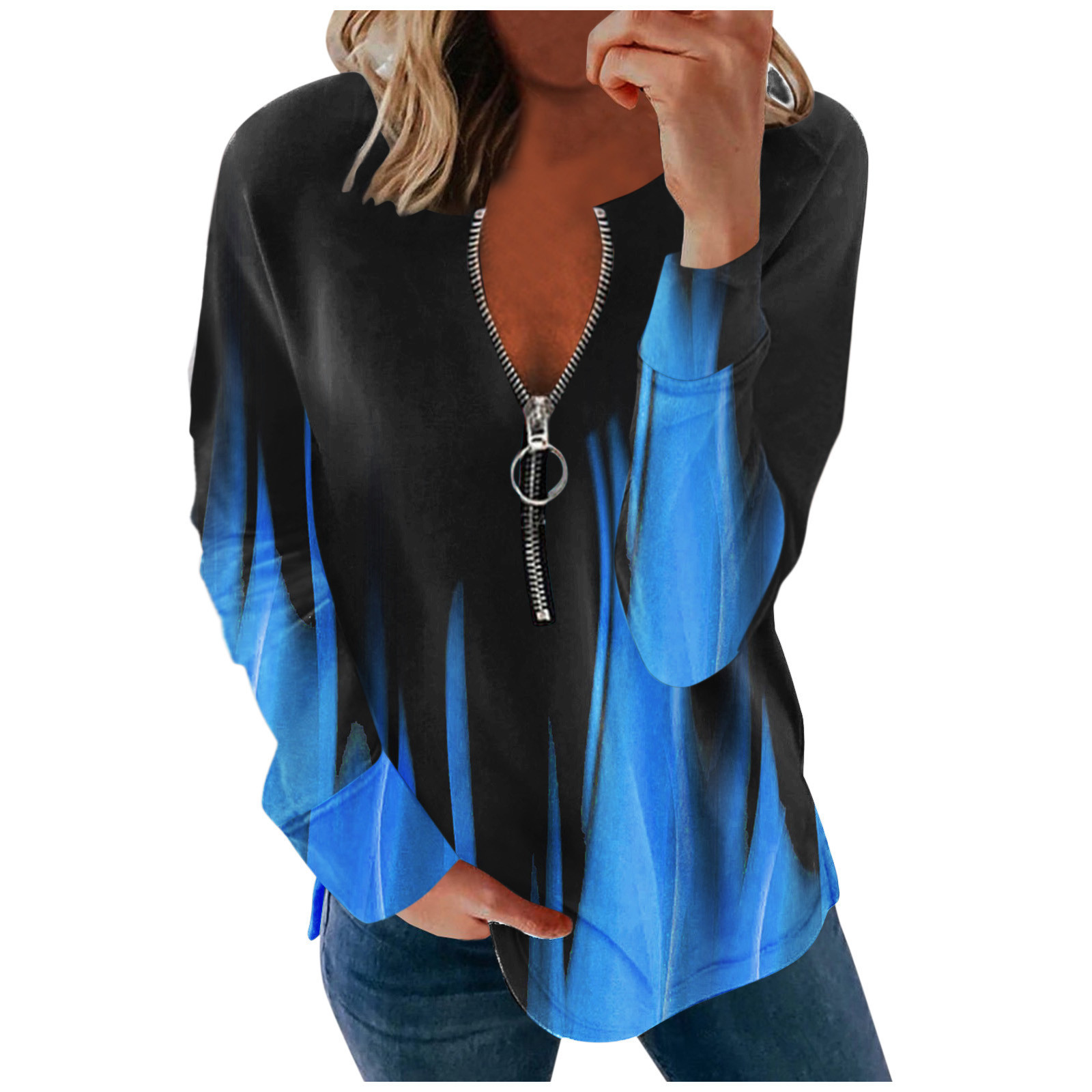 Title 5, V-neck Long-sleeved Faded Flame Loose Zipper T-...