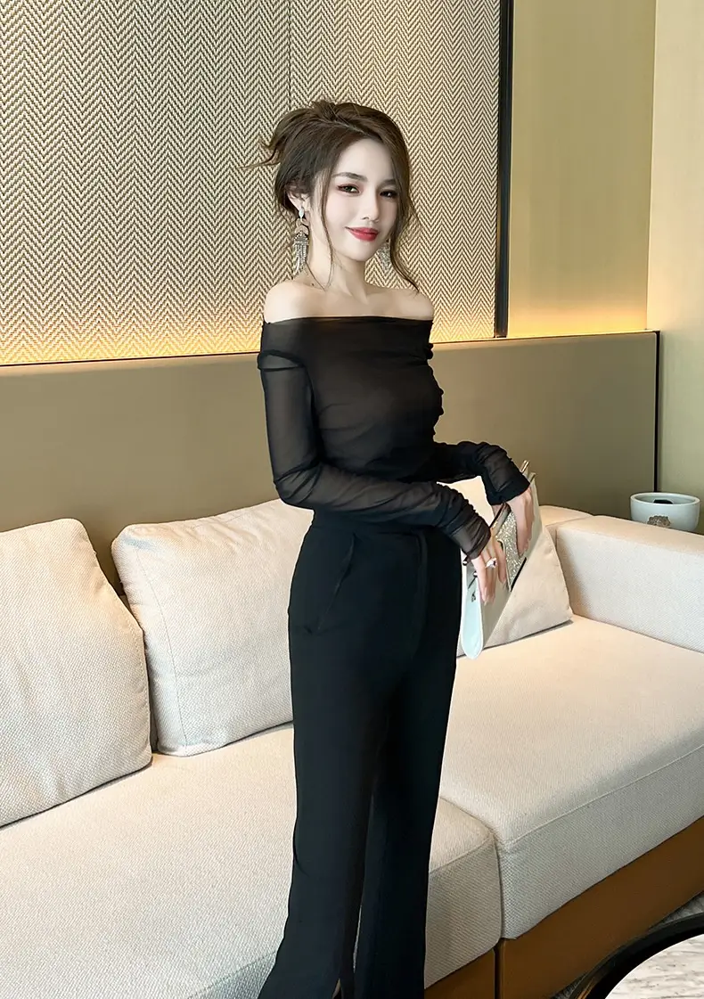 Women's Pure Desire Style Sexy Long Sleeve Mesh T-shirt Slim Off-shoulder Top Undershirt Shirt