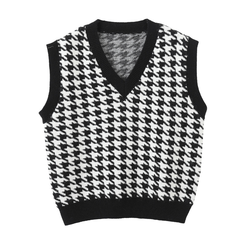 Title 5, V-neck Houndstooth Jacquard Thin Waistcoat Vint...