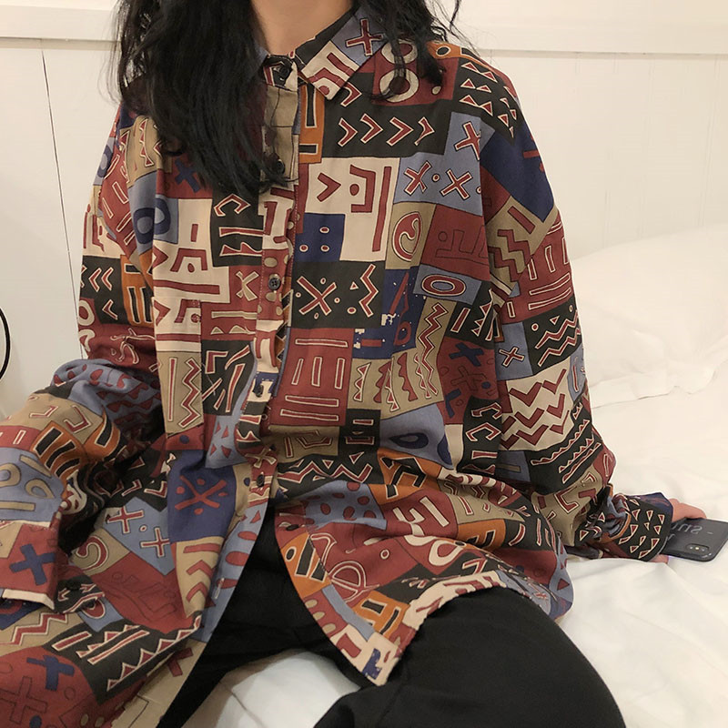 Title 3, Womens Retro Print Loose Outer Long-sleeved To...