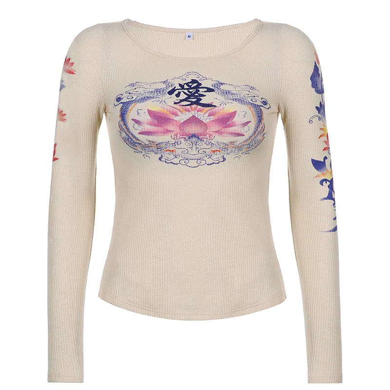 Heart Print Round Neck Low Cut Long Sleeve T-shirt Women - Skin Tone-L