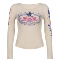 Heart Print Round Neck Low Cut Long Sleeve T-shirt Women - Skin Tone-L - View 1