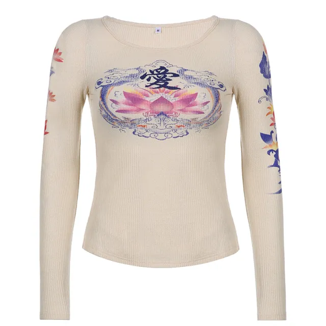 Heart Print Round Neck Low Cut Long Sleeve T shirt Women Skin Tone S - Shop at LoveMi
