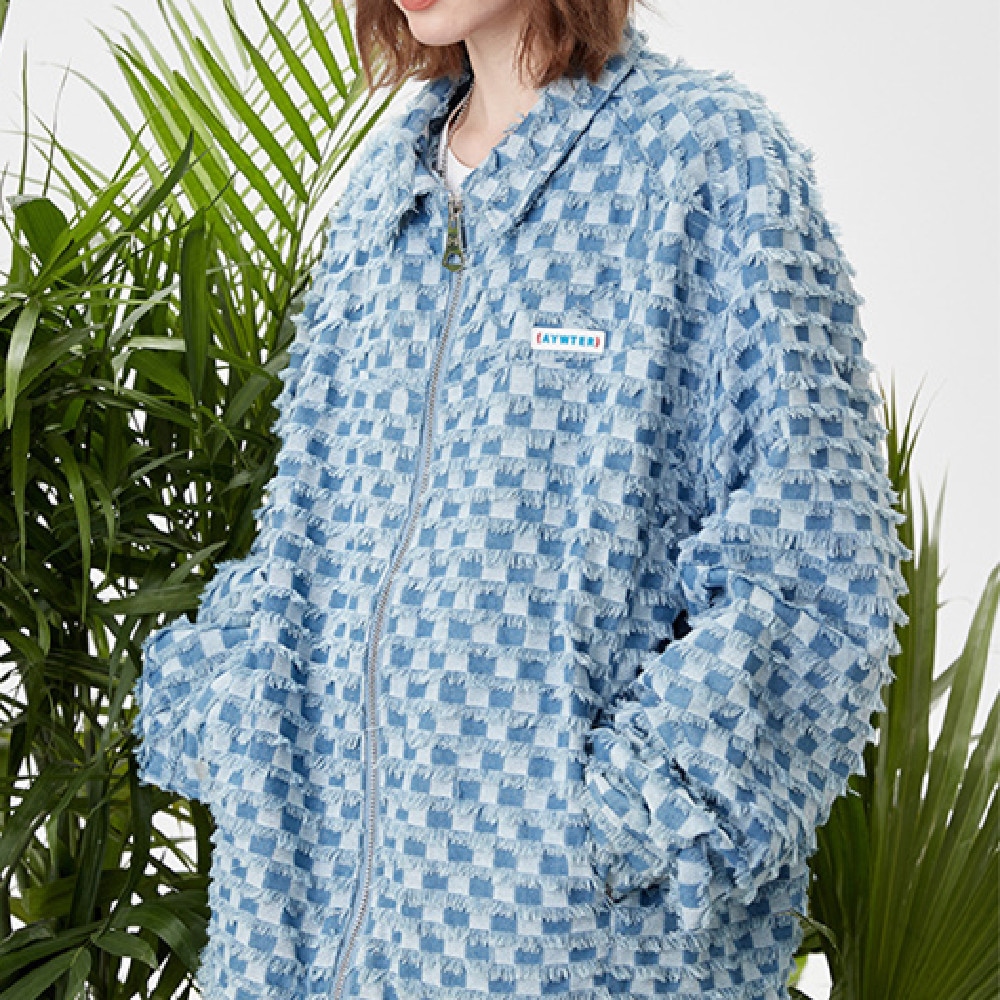Spring Loose Lapel Plaid Embroidered Label Denim Coat — image 1
