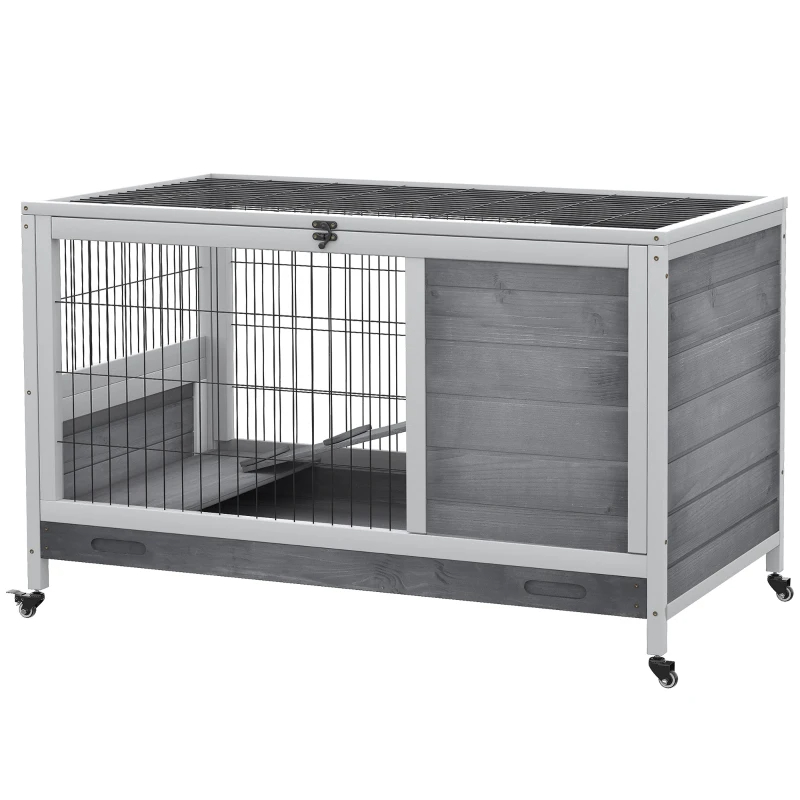 PawHut Indoor Rabbit Enclosure, Wooden Elevated Cage Habitat With Enclosed Run With Wheels - Ideal For Rabbits And Guinea Pigs