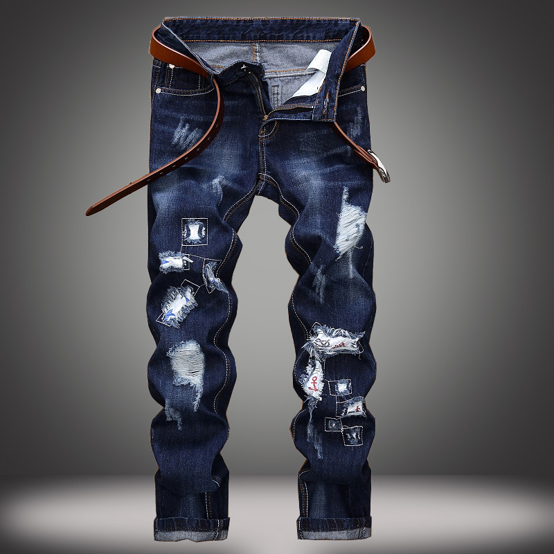 Title 8, Embroidered Jeans Mens Straight Ripped Patch P...