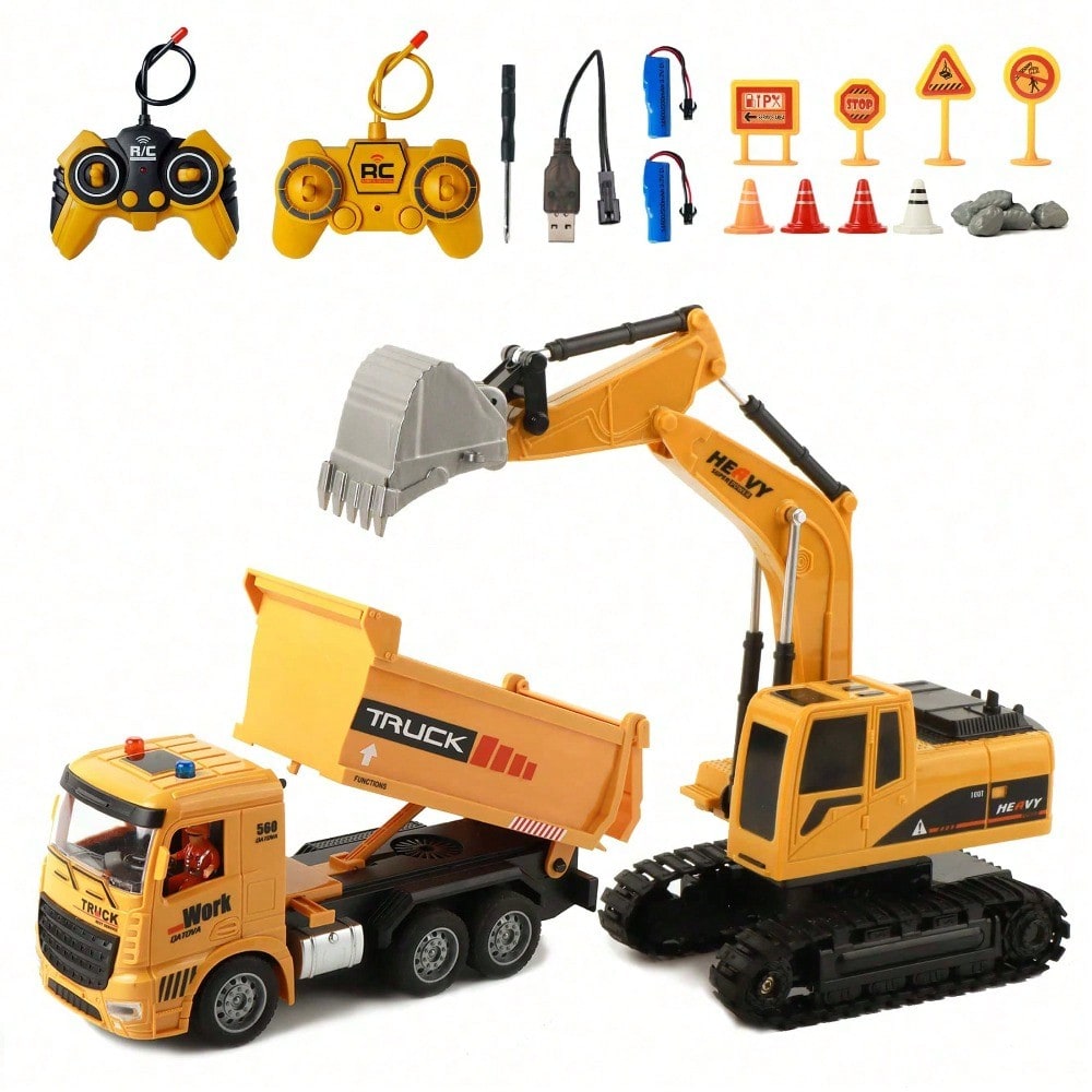 RC Dump Truck And Excavator Set, 2 In 1 Remote Control Construction Vehicles With Realistic Sounds And Lights, Perfect Holiday Gift, Toy Cars, Outside Toys, Carro Control Remoto, R