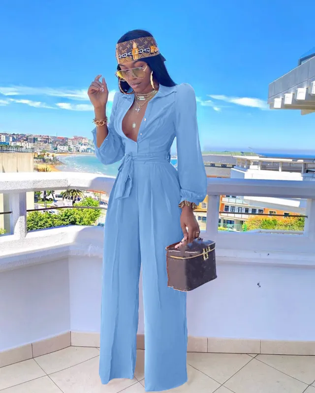 Fashion Solid Color Casual Shirt Collar Jumpsuit With Belt Blue - Shop at LoveMi