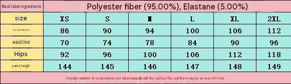 Crossover V-neck jumpsuit size chart for XS to 2XL with 95% polyester and 5% elastane composition