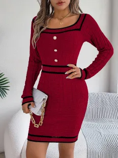 Elegant Square Neck Button Long Sleeve Sweater Dress - Burgundy - View 1