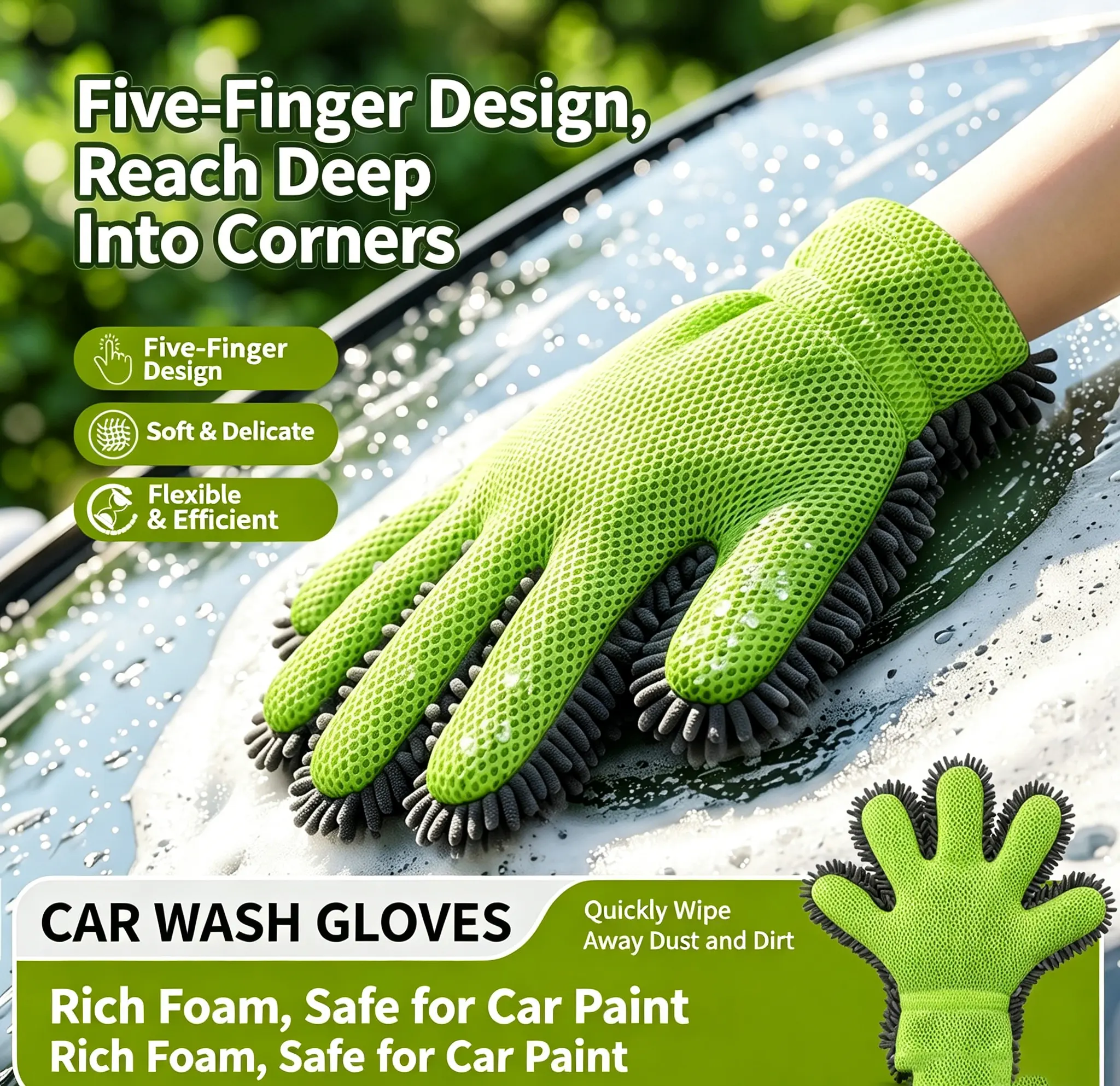 Thickened Chenille 5-Finger Car Wash Gloves, Rich