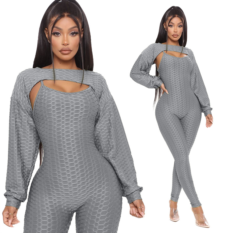 Jacquard Short Lantern Sleeve Top And Bottoming Suspenders Sports Suit
