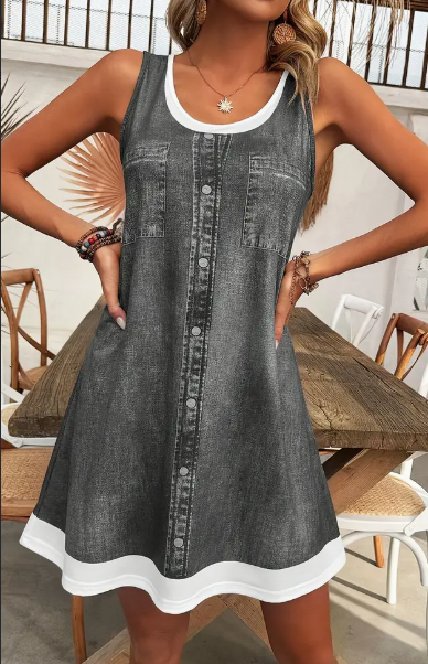 Women's sleeveless summer dress with color block design, round neck, fake button detail - Machine washable.