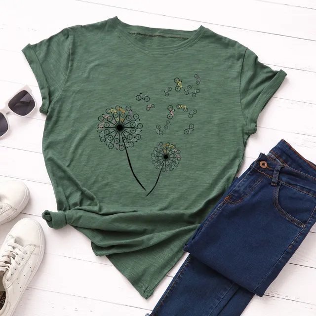 Women's Loose Dandelion Bike Round Neck Short Sleeve T shirt Green - Shop at LoveMi