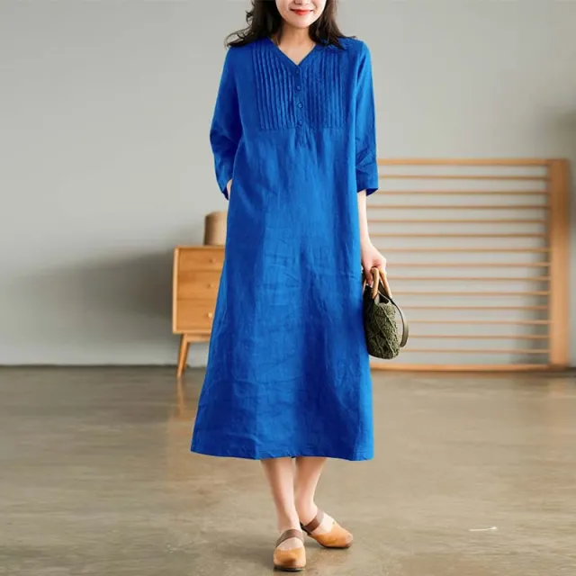 Solid Color Cotton Linen V Neck Half Sleeve Dress Blue - Shop at LoveMi