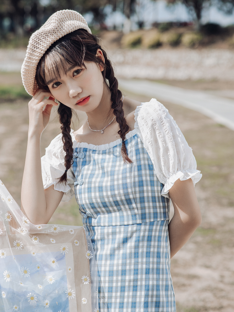 French Square Neck Puff Sleeves Preppy Waist Small A Line Skirt