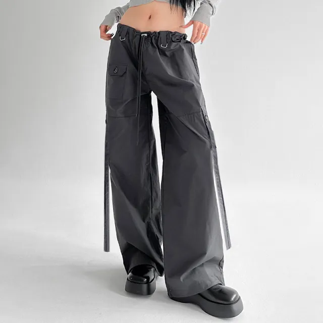 Hip hop Style Street Handsome Floating Belt Elastic Low Waist Casual Pants With Multiple Pockets Thin Work Straight Woven Pants Grey - Shop at LoveMi