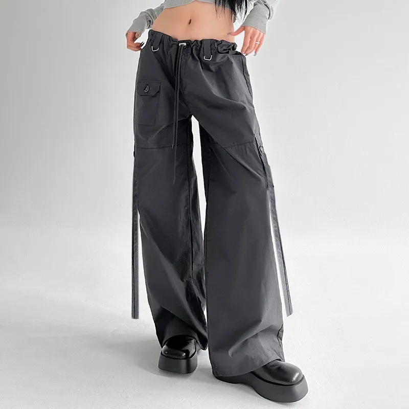 Hip-hop Style Street Handsome Floating Belt Elastic Low Waist Casual Pants With Multiple Pockets Thin Work Straight Woven Pants - Grey