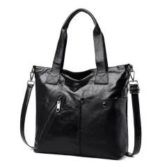 Retro Fashion PU Soft Leather Handbags Large Capacity Single Shoulder Bag - Black - View 1