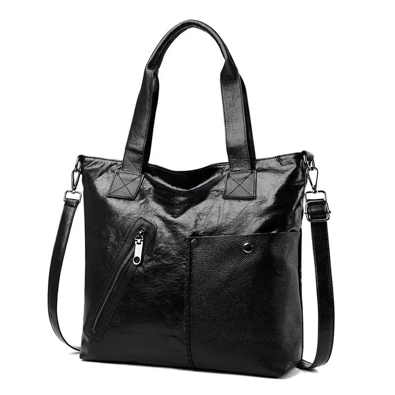 Retro Fashion PU Soft Leather Handbags Large Capacity Single Shoulder Bag - Black