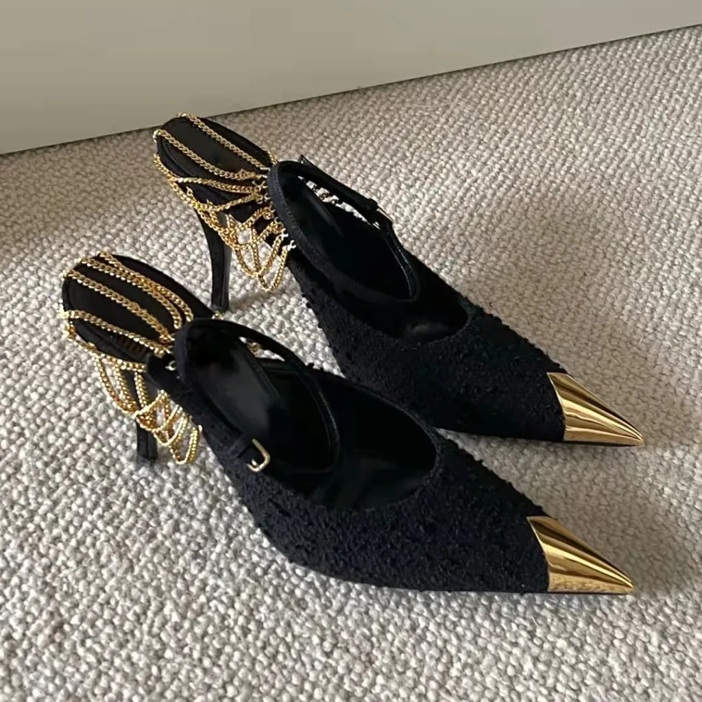 Women's Pointed Toe Stiletto Chain High Heels - Black