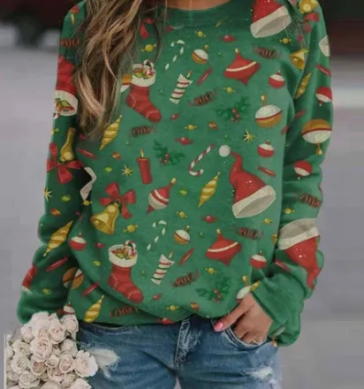 Christmas print fleece sweatshirt Green - Shop at LoveMi