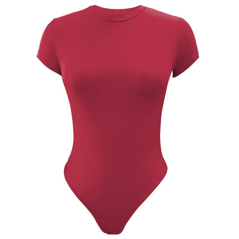 Sexy Tight fitting Short sleeved Jumpsuit Summer Solid Color Bodysuit Womens Clothing Red - Shop at LoveMi