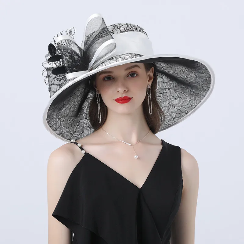 Ladies Fashion Satin Cloth Polyester Mesh Big Brimmed Hat Casual And Easy To Wear And Breathable - White